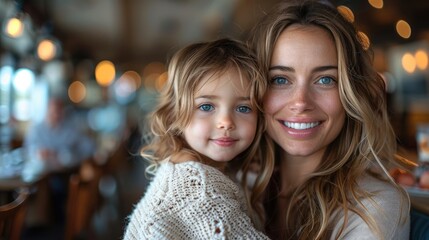 A smiling mother and daughter enjoying a breakfast together in a cozy, warmly lit restaurant, sharing a joyful moment. Smiling Mother and Daughter Enjoying Breakfast
