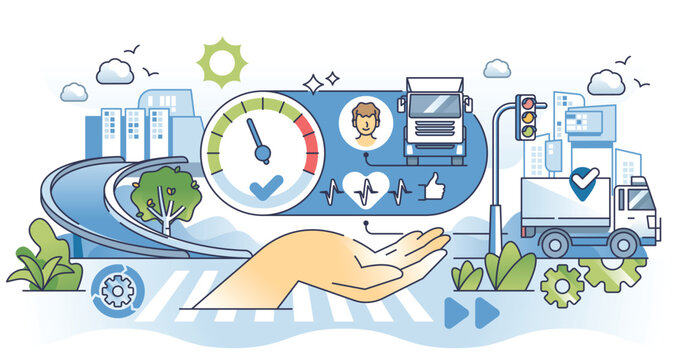 Driver behavior monitoring for performance efficiency hands outline concept. Check cargo driver health and behaviour for road safety vector illustration. Review chauffeur productivity with checkup.