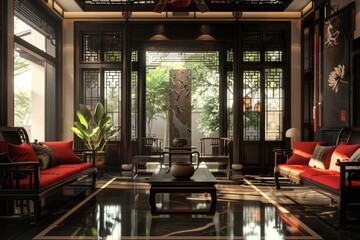A contemporary Chinese living room with sleek black lacquer furniture red silk accent pillows and a minimalist water fountain as a centerpiece. - Powered by Adobe