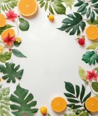 white background with leaves and oranges on the sides. tropical background