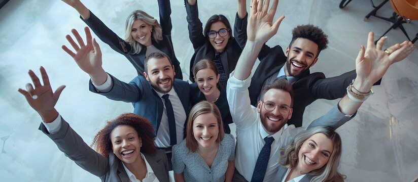 Happy business team raising hands, diverse group of colleagues, top view, corporate success celebration