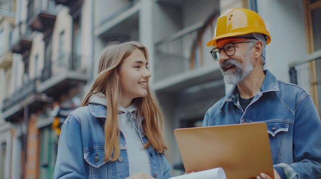 Older architect and young girl in yellow hard hats working together on building plans, indoor office setting