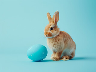 Obraz premium Rabbit and blue egg on a lush green background, close-up