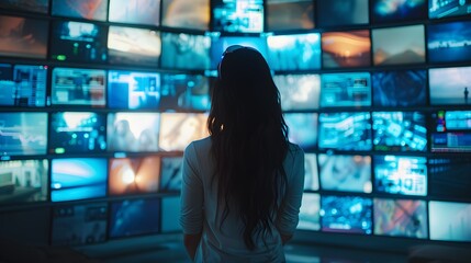 Woman with long hair standing in front of a video wall displaying multiple screens, observing and analyzing data in a high-tech control room