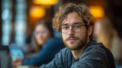 Young Man with Glasses in Cozy Office, Cafe, Focused Expression, Warm Lighting, Casual Attire, Natural Light, Relaxed Atmosphere, Contemporary Setting, Thoughtful Pose, Social Environment