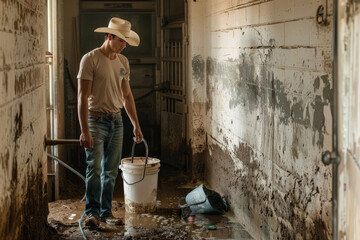 Gorgeous cowboy, working on a farm, cleaning stalls, wrangler jeans photo shoot, texas