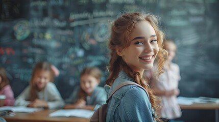 Lively classroom scene with young female student smiling and interacting with peers - Powered by Adobe