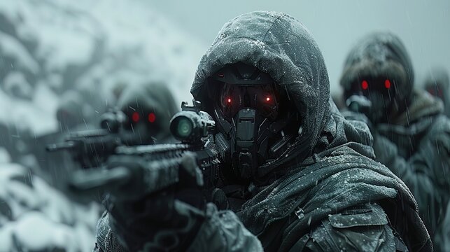 Cyborg operatives with adaptive camouflage penetrate deep behind alien lines to gather critical intelligence