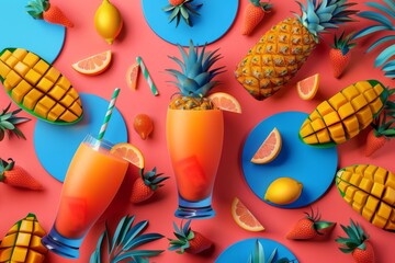 Tropical fruits and drinks on a vibrant blue background, symbolizing refreshing and exotic food options in a colorful setting.