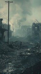 Obraz premium Deserted town covered in ash and chemical fallout, with remnants of life interrupted, haunting silence