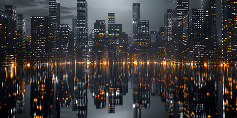 Modern skyscrapers illuminate night city vanishing into dark