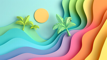 Vector 3D abstract background with paper cut shapes. Colorful carving art. Paper craft landscape with gradient fade colors. Generative AI.