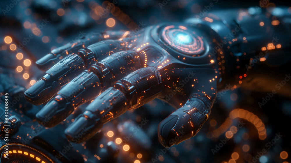 Poster futuristic robotic hand with illuminated circuitry in a sci-fi setting, showcasing advanced technolo