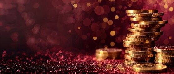 Burgundy and gold coin stack horizontal mobile web banner financial growth background for copy space.banner grunge backdrop