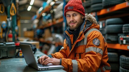Obraz premium Auto mechanic using laptop while working on car diagnostic in garage, Modern car diagnostic program. Professional mechanic repairs truck engine. ai generative