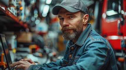 Auto mechanic using laptop while working on car diagnostic in garage, Modern car diagnostic program. Professional mechanic repairs truck engine. ai generative