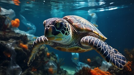 Fototapeta premium Sea turtle swimming among plastic bottles, underwater scene, photorealistic, vibrant colors 8K , high-resolution, ultra HD,up32K HD