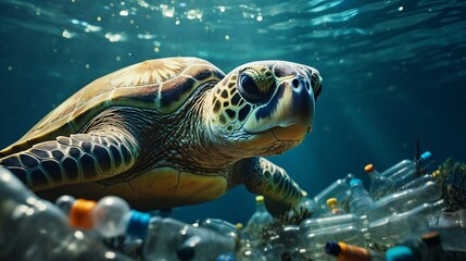 Fototapeta premium Sea turtle swimming among plastic bottles, underwater scene, photorealistic, vibrant colors 8K , high-resolution, ultra HD,up32K HD