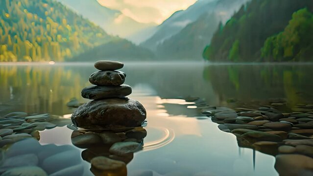 A group of rocks precariously balanced on the surface of a body of water.