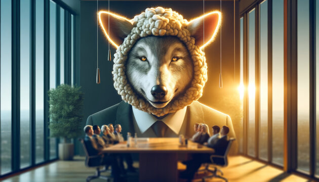 Conceptual image of a wolf in sheep's clothing in a corporate meeting room, representing deception in business.