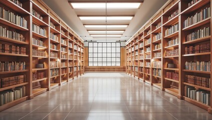 Obraz premium Frontal view of empty, clean library interior with rows of bookshelves