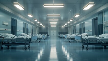 Obraz premium Frontal view of empty, immaculate hospital ward with beds and medical equipment