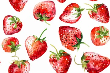Seamless pattern with strawberries and leaves. Watercolor painting.