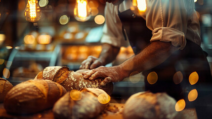 looking through bakers window, baker sorting freshly made bread 