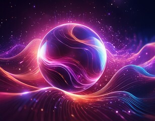 magic of the mind, Neon energy sphere of particles with waves and sparks on a dark background purple, pink, glowing magical.