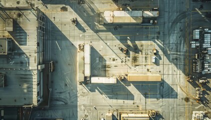 Naklejka premium Overhead view of empty, spotless logistics hub with loading docks