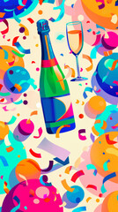 Naklejka premium Lottery winner celebration background in vibrant colors, featuring a joyful pattern with balloons and confetti, champagne bottle and glass, 