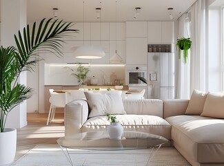 Fototapeta premium Modern living room with white walls and a light wooden floor, a beige sofa in front of a glass