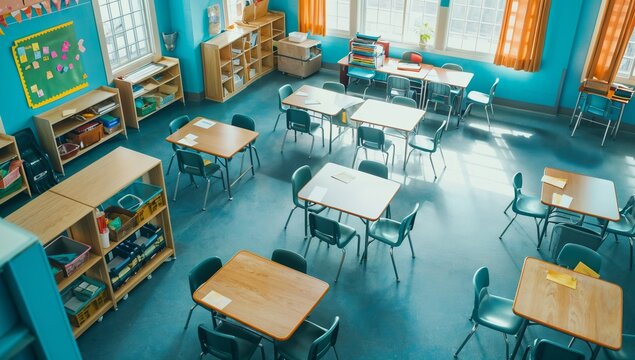 Overhead view of empty, spotless elementary school classroom with desks