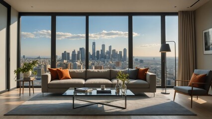 Fototapeta premium Modern living room with panoramic floor-to-ceiling windows showcasing a breathtaking city skyline view. Cozy ambiance with stylish furniture and decor.