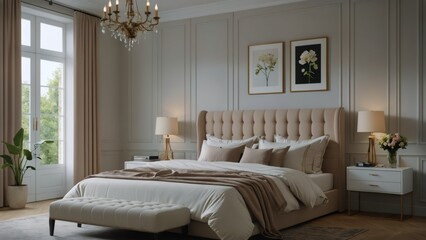 Modern and elegant bedroom interior with beige accents, soft lighting, chic decor, and a large bed with plush headboard, exuding cozy and sophisticated ambiance.