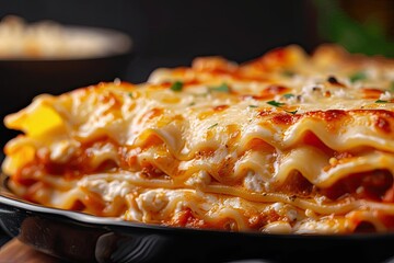 Close-up of a perfectly baked, cheesy lasagna with layers of pasta, meat sauce, and creamy cheese, served on a black plate.