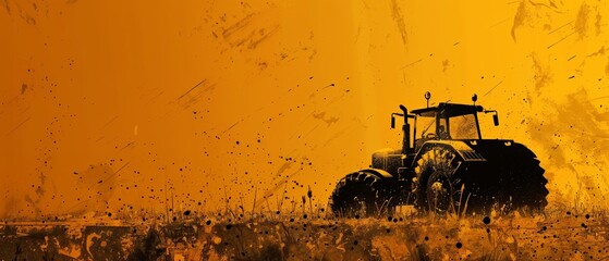 Amber and tractor silhouette horizontal mobile web banner agricultural motif background for copy space.banner grunge backdrop