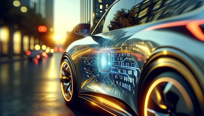Futuristic high-tech car with digital interface and glowing lights, reflecting modern city architecture and ambiance at sunset.
