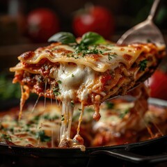 Delicious homemade lasagna with melted cheese and fresh basil, served hot and ready to eat. Perfect for a comforting meal.
