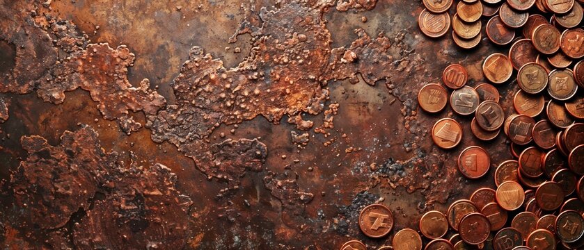 Copper and bronze coin texture horizontal mobile web banner investment motif background for copy space.banner grunge backdrop
