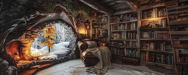 Naklejka premium Cozy library nook with armchair, blanket, and snow outside the window. Perfect for reading during winter. Warm lighting and wooden shelving.