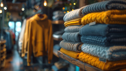 Cozy Knitwear Shop Interior with Folded Sweaters in Autumn Colors, Blurred Background with Hanging Garments, Warm and Inviting Seasonal Store Ambiance with Soft Lighting