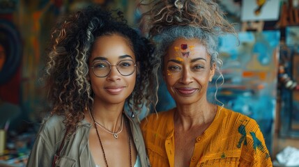 Obraz premium Cheerful middle aged woman with Young artist woman attend a painting workshop together and have fun. happy and cool smile on face showcasing their creative bond. Generative AI