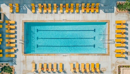 Overhead view of empty, spotless outdoor pool surrounded by lounge chairs