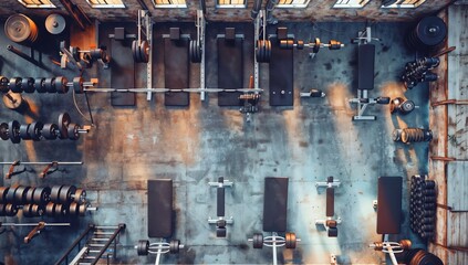 Overhead view of empty, spotless weight room with free weights and racks