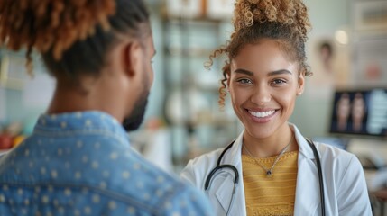 A friendly female doctor with a stethoscope smiles warmly at a patient in a bright, modern clinic.