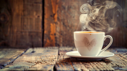 Obraz premium Freshly brewed aromatic coffee on a wooden table, close-up