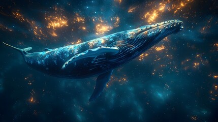 Starlit Swimmer A Nighttime Portrayal of a Majestic Whale in the Cosmic Ocean