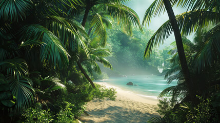 Fototapeta premium June 29 is International Day of the Tropics. Blue lagoon surrounded by palm trees and tropical plants. The concept of a summer vacation on a deserted island