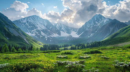 Obraz premium a tranquil view of fold mountains with snow-dusted peaks and a lush green meadow